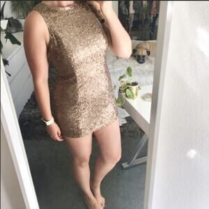 NEW Esley Rose Gold Bronze Metallic Sequin Open Back Tank Top Mini Dress M